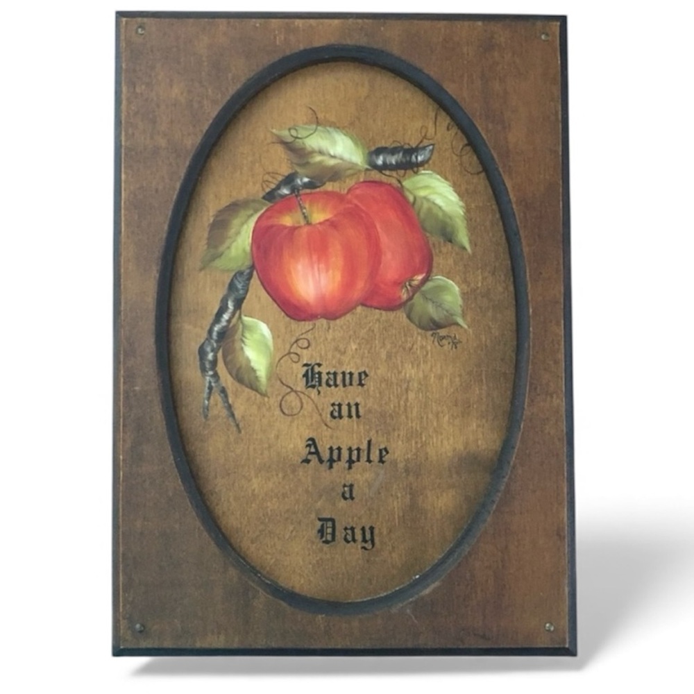Vintage Hand Painted Artist Signed Wood Apple Wall Art - “Have an Apple a Day”